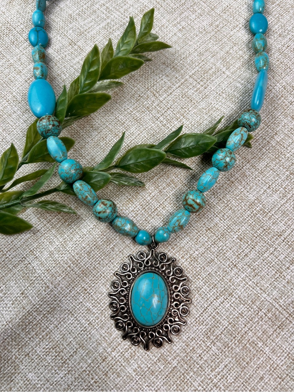 Turquoise Gemstone Oval Pendant Necklace with Silver Filigree | Western Boho